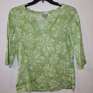 J Jill Green Floral Print Linen Top Small Linen Blouse Tunic Boho 1/2 sleeve